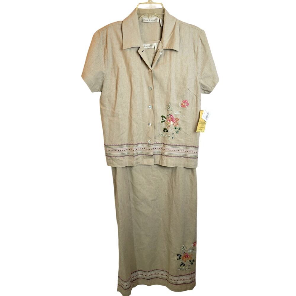 VTG NWT Jane Ashley Tan Embroidered Sequin Dress & Shirt Linen Blend Small
